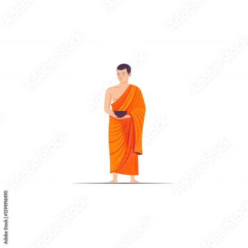 Obraz na płótnie A serene monk in traditional robes stands with a bowl, symbolizing peace and mindfulness. The illustration captures the essence of spirituality and simplicity. w salonie