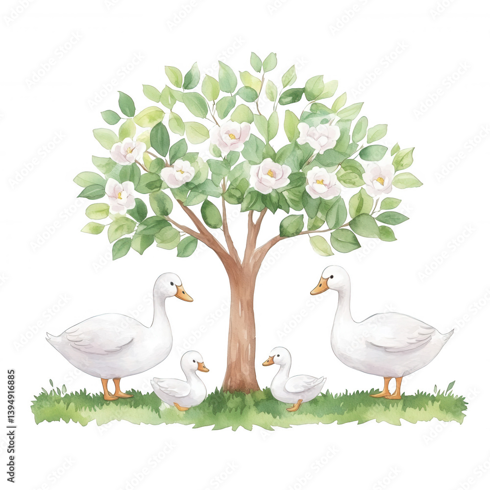 A serene scene featuring a family of white ducks gathered around a lush green tree adorned with blooming flowers, set against a white isolated background.