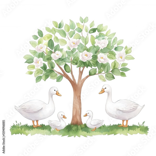 Obraz na płótnie A serene scene featuring a family of white ducks gathered around a lush green tree adorned with blooming flowers, set against a white isolated background. w salonie