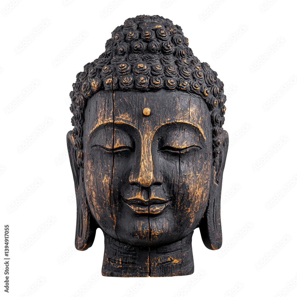 A serene wooden Buddha head sculpture with intricate detailing and a dark finish, symbolizing peace and enlightenment against a white isolated background.