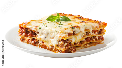 Layered lasagna slice with melted cheese, placed on a white plate,
