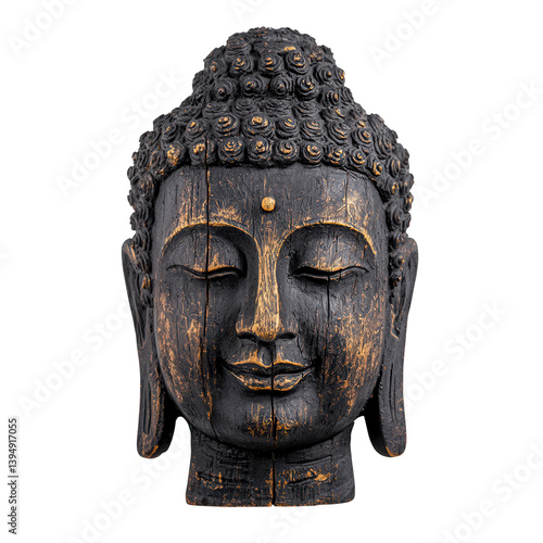 Obraz na płótnie A serene wooden Buddha head sculpture with intricate detailing and a dark finish, symbolizing peace and enlightenment against a white isolated background. w salonie