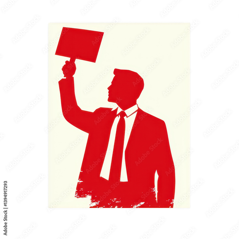 A silhouette of a businessman in a suit, raising a red sign high with determination