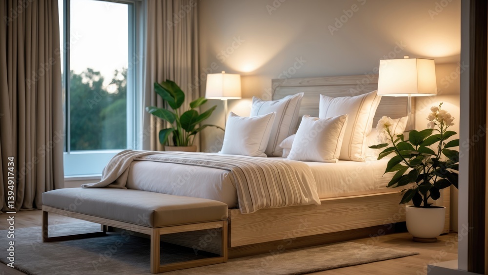 Fototapeta premium Interior design of a bedroom showcasing a plush bed and glowing lighting