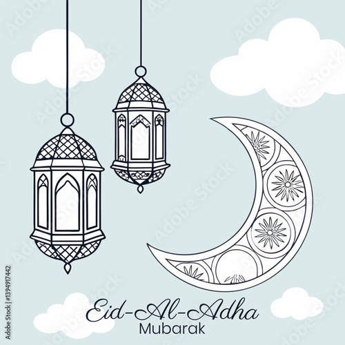 Eid Al Adha Mubarak Festive Lanterns, Crescent Moon, Clouds