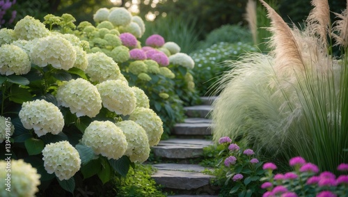 Gorgeous limelight hydrangea bushes in full bloom adding a romantic touch to the front yard mixed with feather grass.