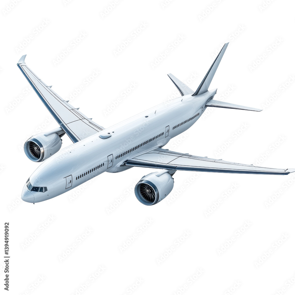 Obraz premium A white and silver commercial passenger airliner with a streamlined aerodynamic design soaring through the sky symbolizing the progress and efficiency of global air travel