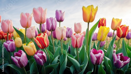 Brightly colored tulips in a field with a white background
