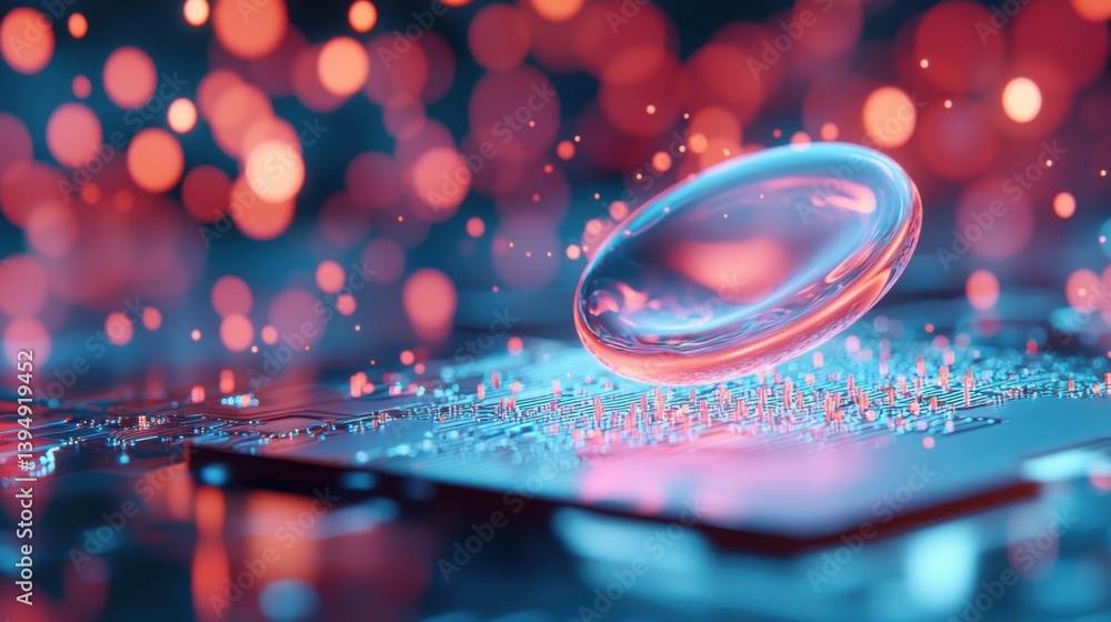 custom made wallpaper toronto digitalOrganic microstructure pulsing with light as it touches a glowing smart chip, captured in motion, fluid floating particles around