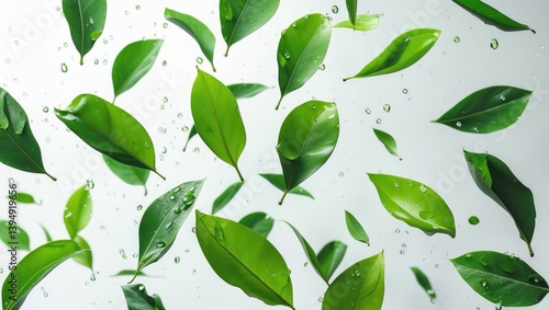 Display of floating green foliage with water drops on a backdrop.