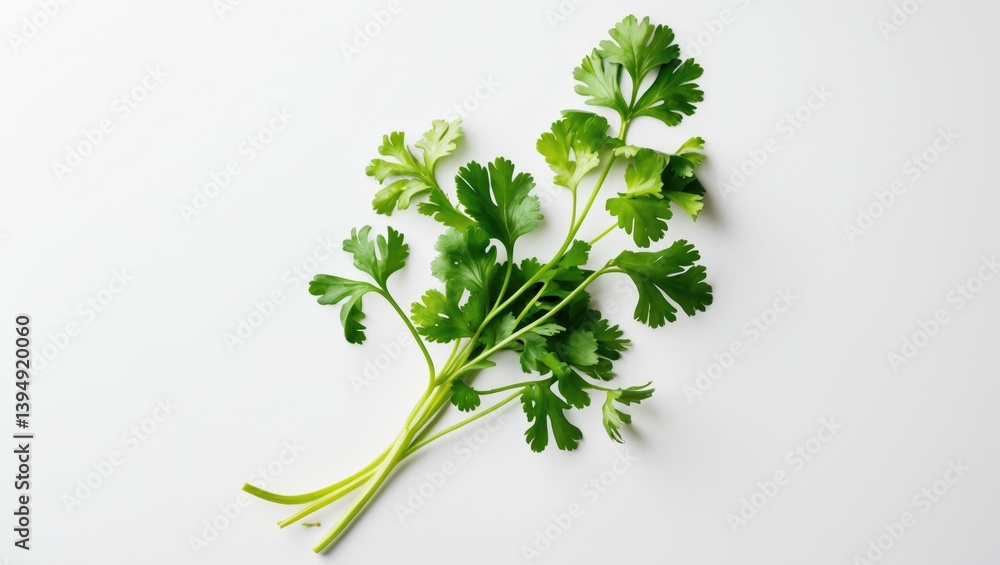 Top view of coriander leaf isolated against a white backdrop, flat lay. Top view of coriander leaf isolated against a white backdrop, flat lay.