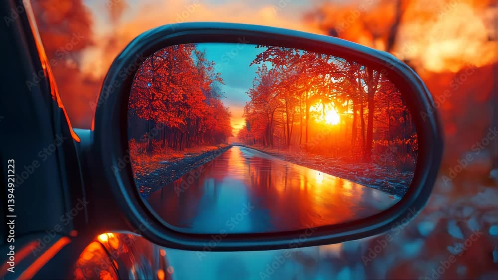 A car rearview mirror reflects a vibrant sunset with raindrops scattered across the glass, creating a moody and nostalgic atmosphere