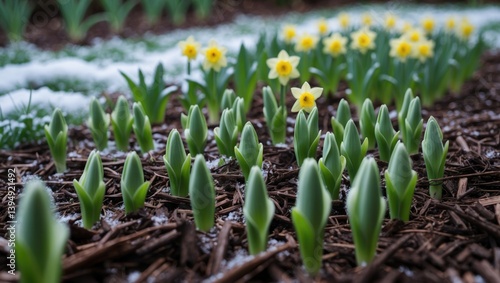 Ground covered in light snow and spring frost, featuring emerging green tulip and daffodil shoots, as winter concludes and the garden experiences seasonal changes towards warmer weather