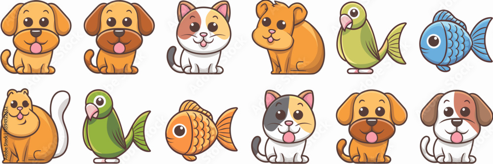 Cute cartoon pet vector icons with specific breeds and colors – Ideal for educational apps, pet lover merchandise, or animal-themed branding Cute cartoon pet vector icons with specific breeds and colors – Ideal for educational apps, pet lover merchandise, or animal-themed branding