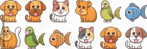 Cute cartoon pet vector icons with specific breeds and colors – Ideal for educational apps, pet lover merchandise, or animal-themed branding