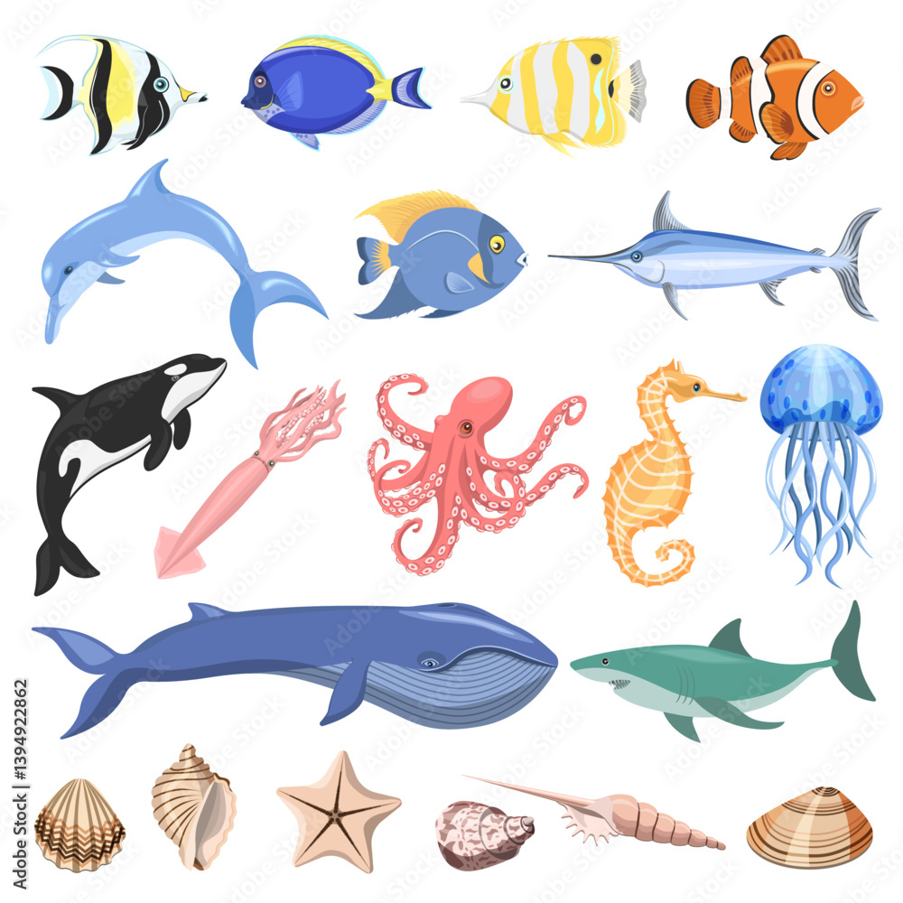 Obraz premium Set of marine life of the sea, fish,mammals,seashells, isolated on a white background.Vector collection for summer designs.