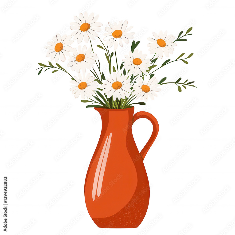 A vibrant red vase filled with fresh white daisies, showcasing a charming floral arrangement that adds a touch of nature to any space.