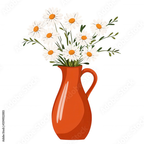 Obraz na płótnie A vibrant red vase filled with fresh white daisies, showcasing a charming floral arrangement that adds a touch of nature to any space. w salonie