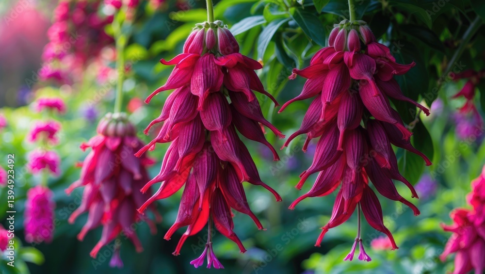 Naklejka premium Image featuring lovely fuchsia flower, garden flowers suspended.