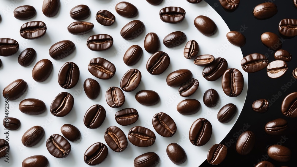 Obraz premium Coffee beans in free fall on white and black surfaces