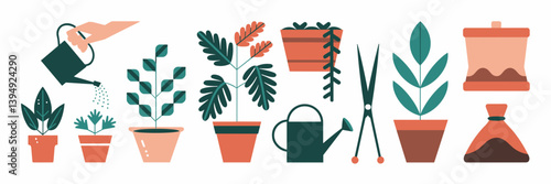 Vector icon set of indoor gardening actions and potted plants – Suitable for gardening tutorials, houseplant tips, or hobby magazine illustrations.