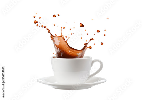 Cup with saucer with splash of coffee isolated on transparent background