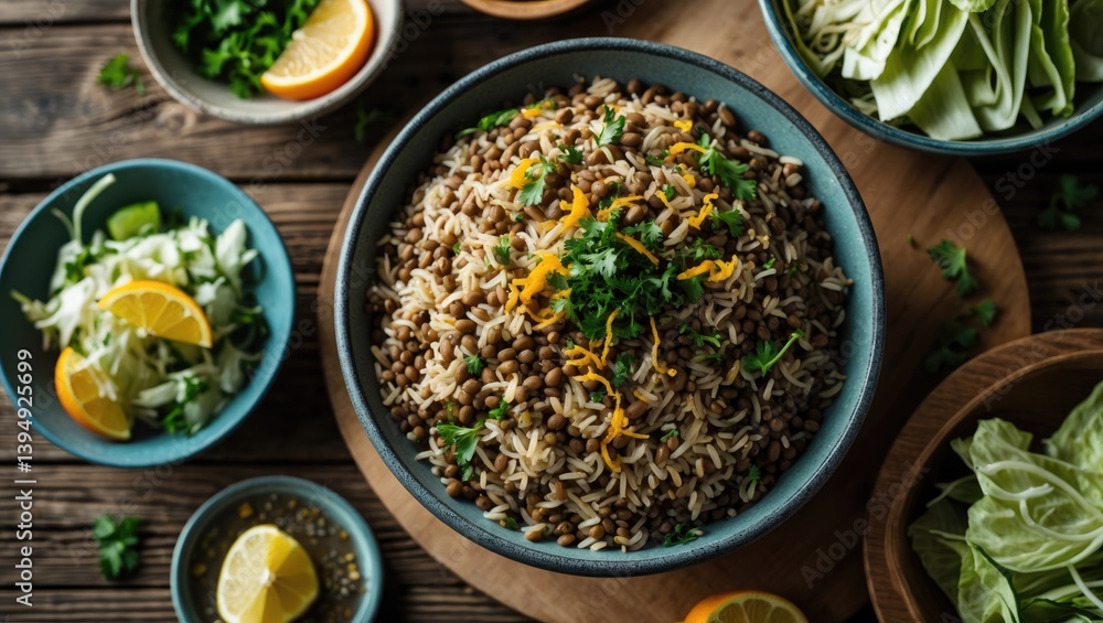 Middle Eastern classic Mujadara with lentils, rice, and fried onions paired with a salad of cabbage and cucumbers displayed on a wooden table, bird's-eye view. selective focus. Middle Eastern classic Mujadara with lentils, rice, and fried onions paired with a salad of cabbage and cucumbers displayed on a wooden table, bird's-eye view. selective focus.