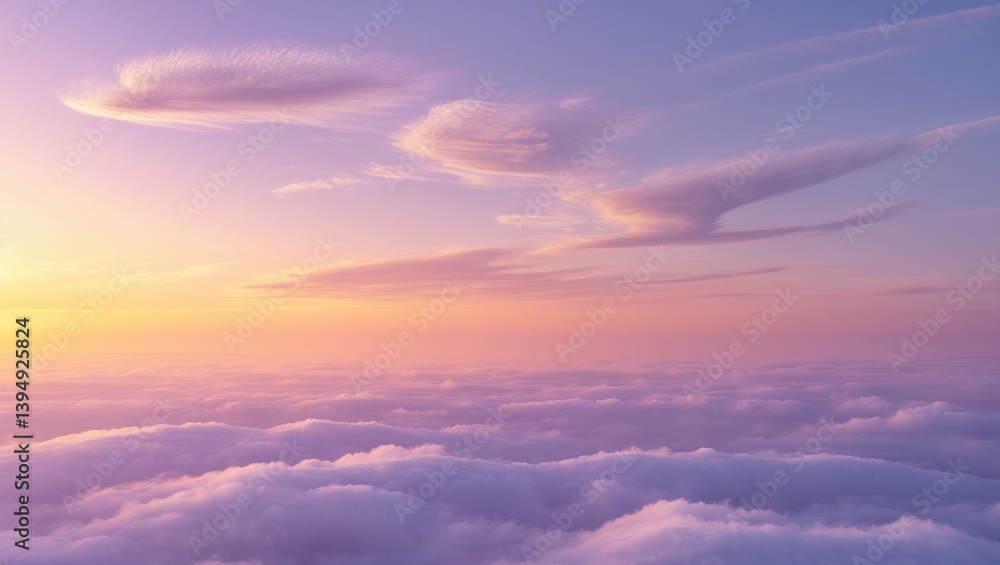 Obraz premium Gorgeous morning light highlights panoramic skyline vistas with colorful clouds and beautiful cloud designs.