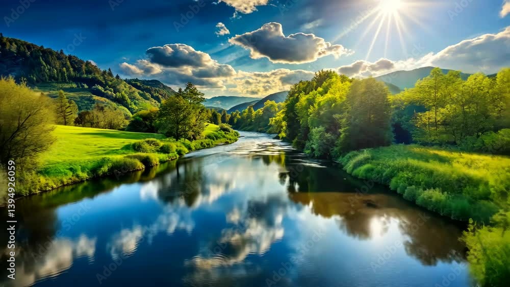 Serene river flows through a picturesque landscape with lush green vegetation and rolling hills under a bright blue sky. Serene river flows through a picturesque landscape with lush green vegetation and rolling hills under a bright blue sky.