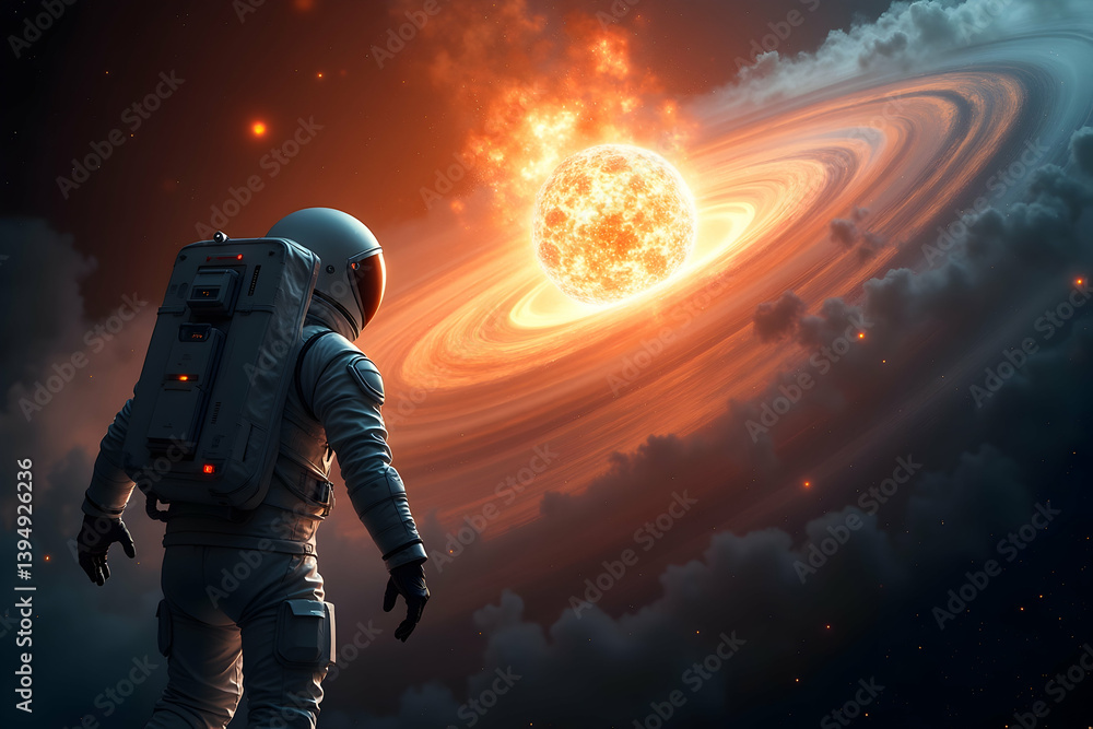 Fototapeta premium Astronaut Gazing at a Distant Fiery Exoplanet with Ring System in Space, a Surreal and Awe-Inspiring Sci-Fi Scene of Cosmic Wonder and Exploration