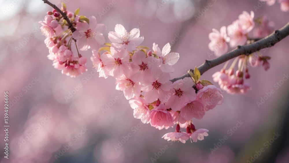 Detailed view of fragile pink cherry blossoms in full bloom, elegantly suspended from a branch, representing beauty and renewal Detailed view of fragile pink cherry blossoms in full bloom, elegantly suspended from a branch, representing beauty and renewal