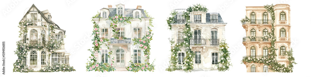 Fototapeta premium PNG Charming floral-adorned vintage buildings, element set on transparent background