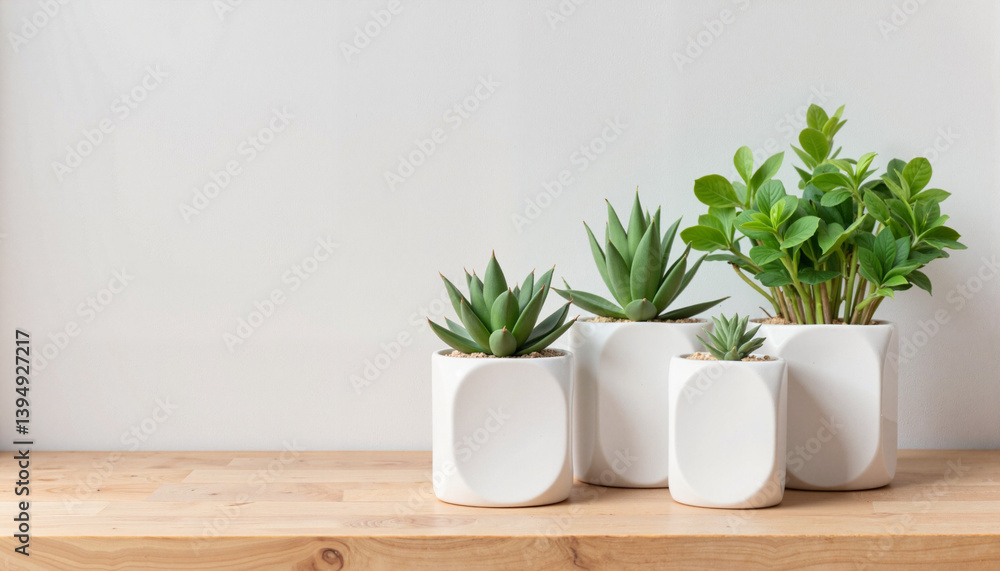 Succulent plants in white pots on wooden shelf
Succulent plants in white pots on wooden shelf
