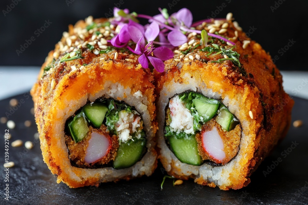 Close Up of Fried Sushi Roll with Cucumber and Imitation Crab Close Up of Fried Sushi Roll with Cucumber and Imitation Crab