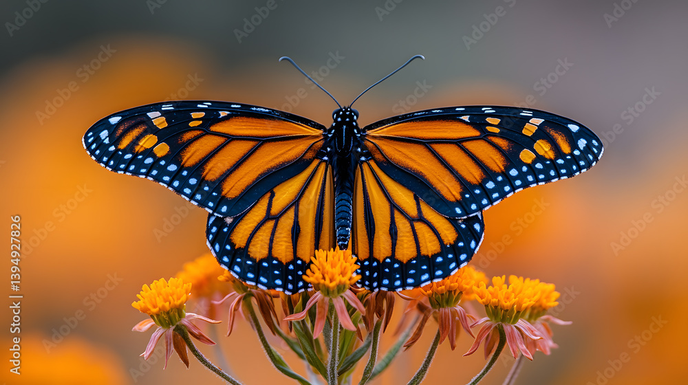 Photography highlighting the vivid orange and black patterns of a monarch butterfly, its wings spread wide as it rests on a milkweed plant.