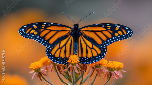 Obraz na płótnie Photography highlighting the vivid orange and black patterns of a monarch butterfly, its wings spread wide as it rests on a milkweed plant. w salonie