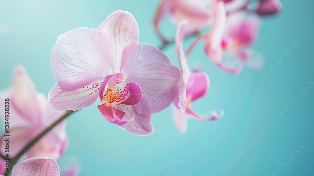 A beautiful orchid flower in full bloom against a soft blue background. A beautiful orchid flower in full bloom against a soft blue background.