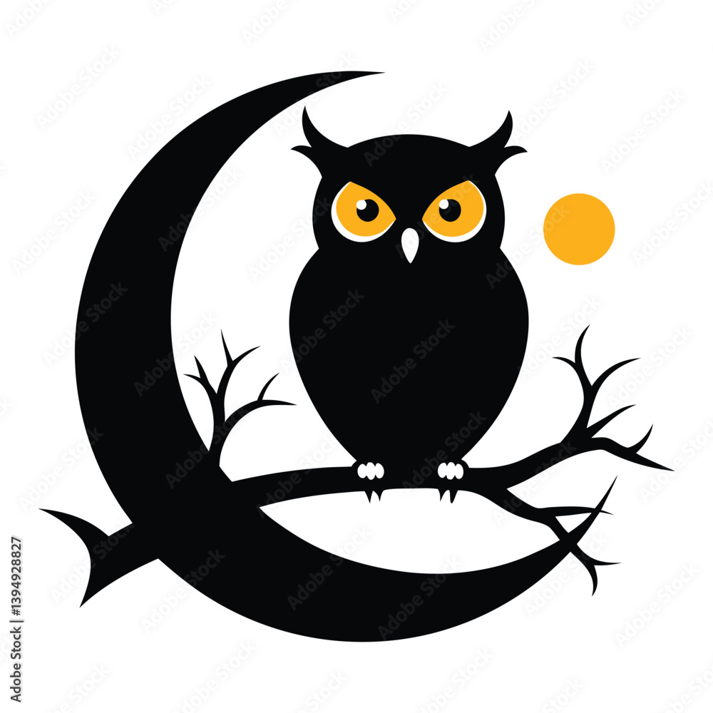 Fototapeta premium Silhouetted Owl On Crescent Moon Branch Under Starry Night Sky