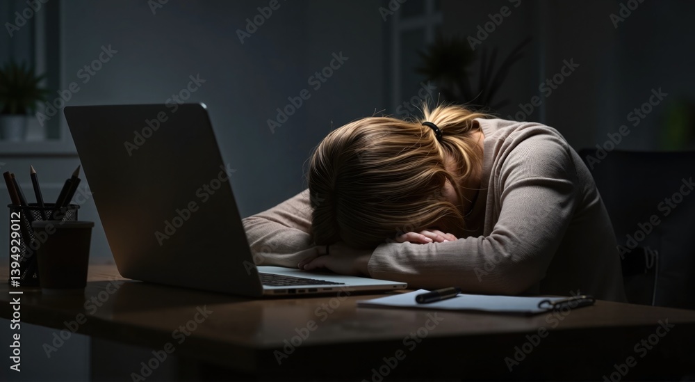 Exhausted young woman with head down on a desk in a dimly lit room for themes of stress and fatigue Exhausted young woman with head down on a desk in a dimly lit room for themes of stress and fatigue