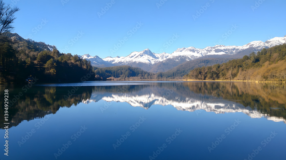 Tranquil Waterscape: A serene panorama unfolds, where the glassy surface of a mountain lake perfectly mirrors the snow-capped peaks above, framed by verdant forests under a brilliant, cloudless sky. Tranquil Waterscape: A serene panorama unfolds, where the glassy surface of a mountain lake perfectly mirrors the snow-capped peaks above, framed by verdant forests under a brilliant, cloudless sky.