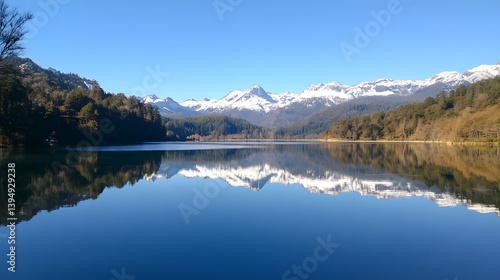 Tranquil Waterscape: A serene panorama unfolds, where the glassy surface of a mountain lake perfectly mirrors the snow-capped peaks above, framed by verdant forests under a brilliant, cloudless sky.