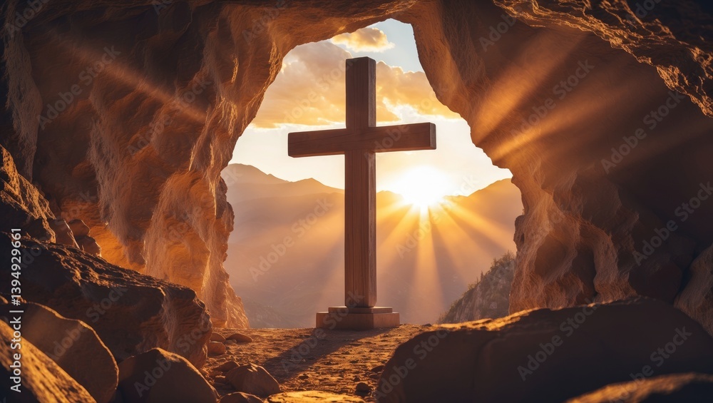 Easter and Good Friday theme, showcasing an empty tomb with a cross atop a mountain at an incredible sunrise. Creative concept. Open cave view at sunset. Generous free space for design.