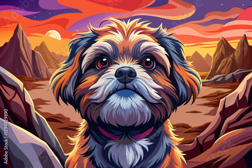 Shih Tzu Dog portrait on mysterious land under a strange colored sky, animal pet banner