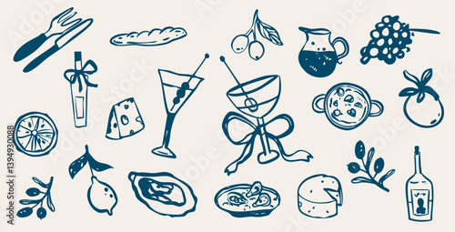 Italian French food restaurant doodle line wine sketch collection. Romantic vacation summer party set. La dolce vita whimsical style