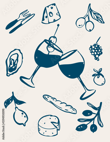 Italian French food restaurant doodle line wine sketch collection. Vacation summer party set. La dolce vita whimsical style