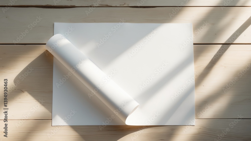 Top view of a light wooden table with an open magazine featuring a blank page. Design mockup.