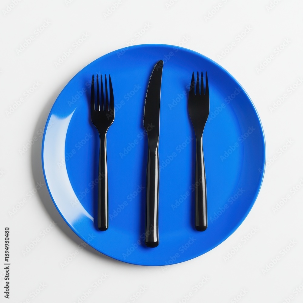 Black utensils on a blue plate against a white background studio on isoleted white background Black utensils on a blue plate against a white background studio on isoleted white background
