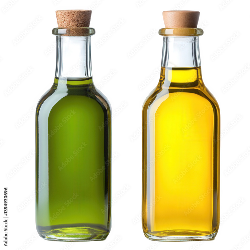 Two glass bottles containing green and yellow oil on a white background, featuring cork stoppers with a transparent background for versatile use in culinary and design applications Two glass bottles containing green and yellow oil on a white background, featuring cork stoppers with a transparent background for versatile use in culinary and design applications