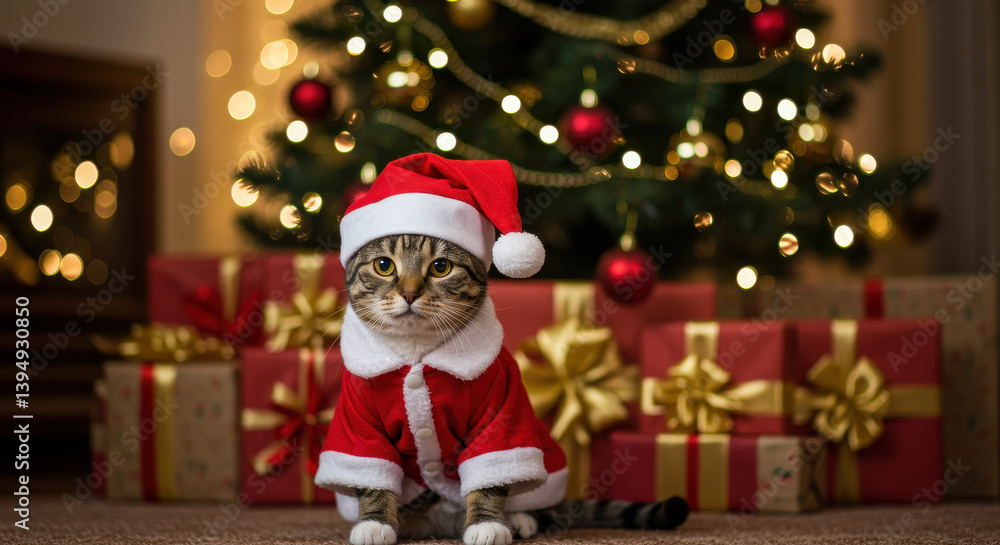 Fototapeta premium Festive Feline: A Christmas Cat in Santa Suit With Gifts & Tree - Purrfect Holiday Cheer!