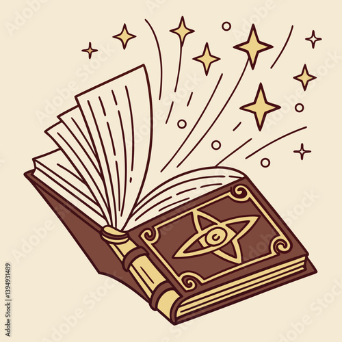 Open book with glowing pages and magical sparkles floating out
